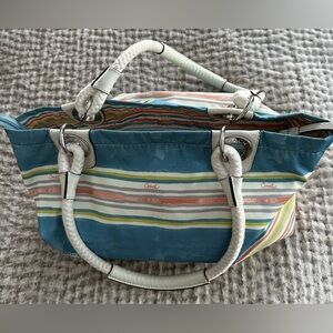 COACH Canvas Blue White Pink & Green Nautical Stripe Bag Handbag Leather